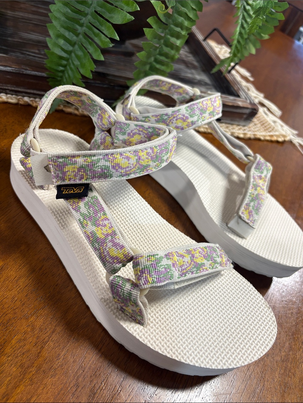 Teva Women's White Sandals with Pastel Floral Straps